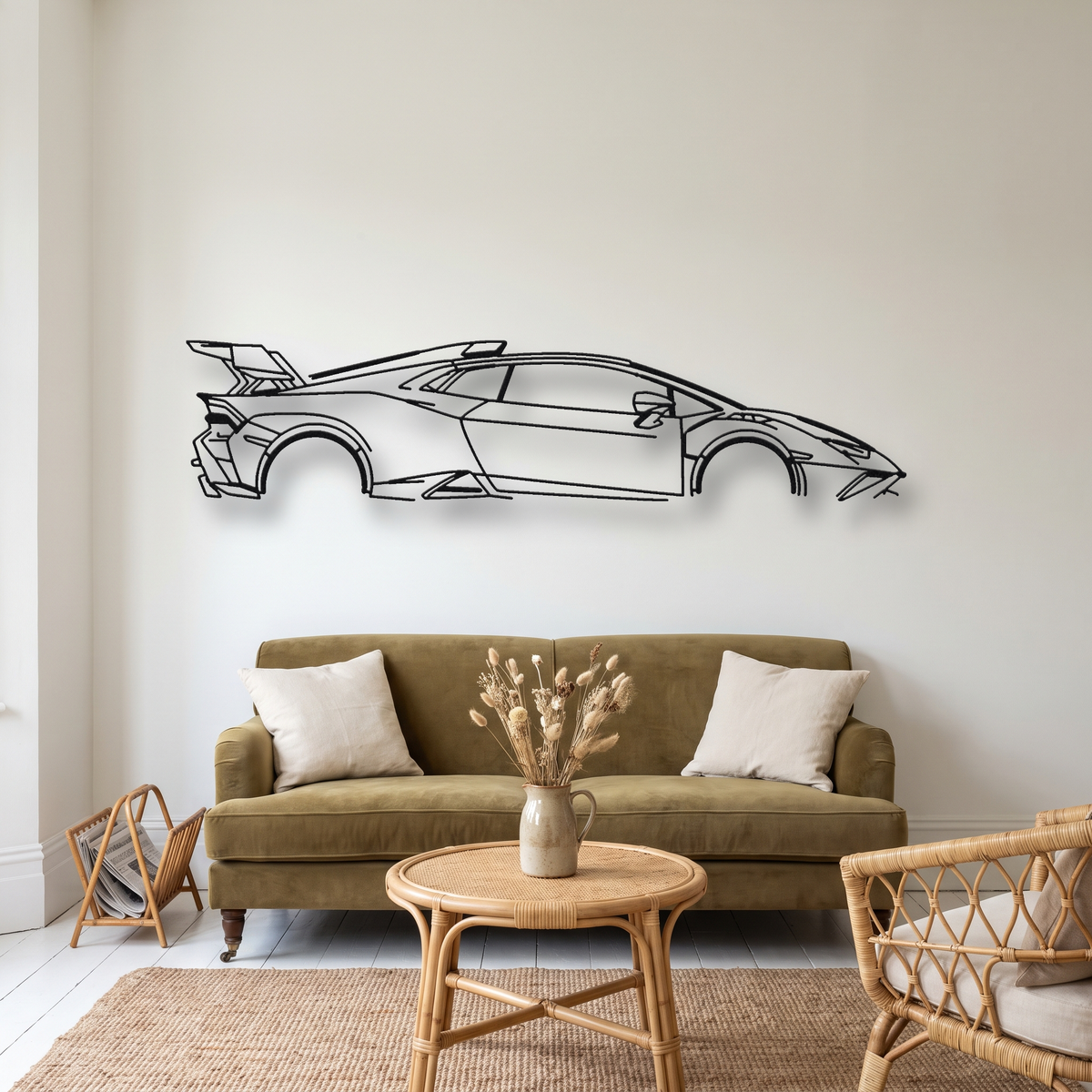 Lamborghini Huracán STO metal wall art silhouette, front view on wall