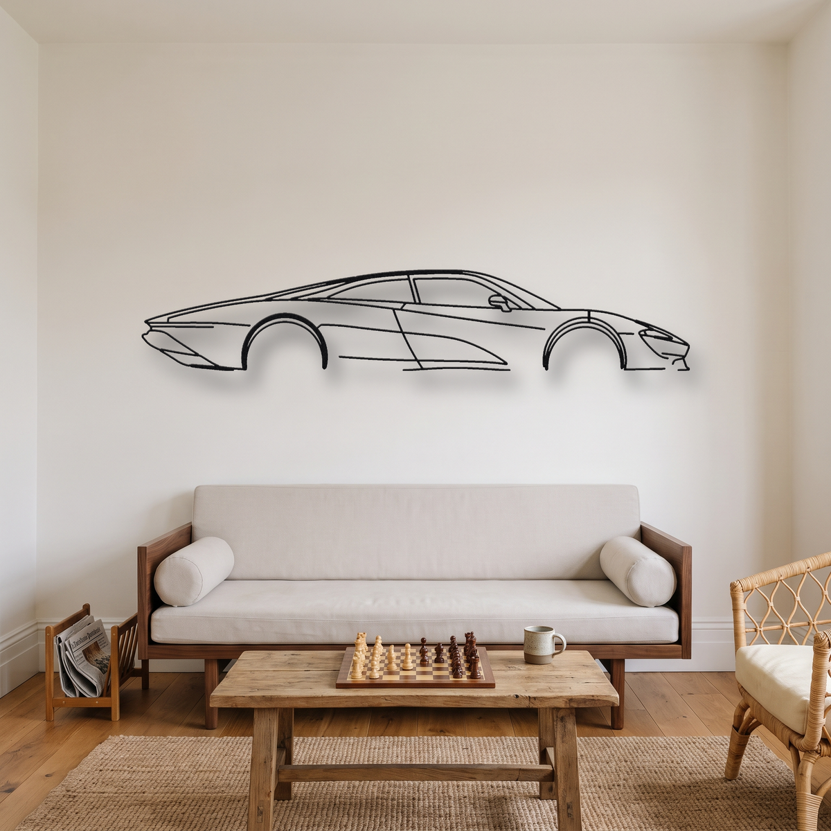 McLaren Speedtail metal wall art silhouette, front view on wall