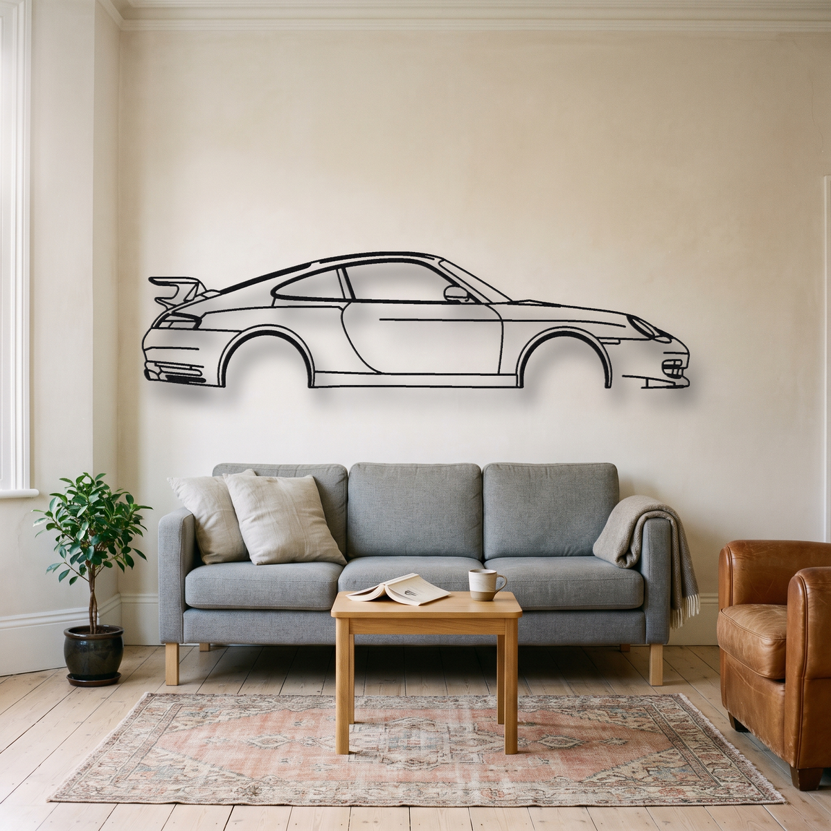 Porsche 911 GT3 996.1 MK1 metal wall art silhouette, front view on wall