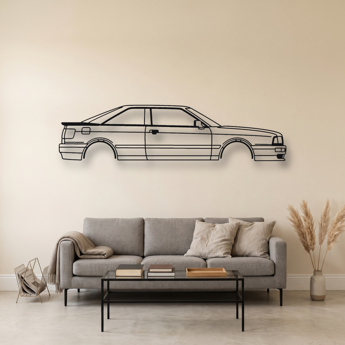 Audi S2 Coupe B3/B4 metal wall art silhouette, front view on wall