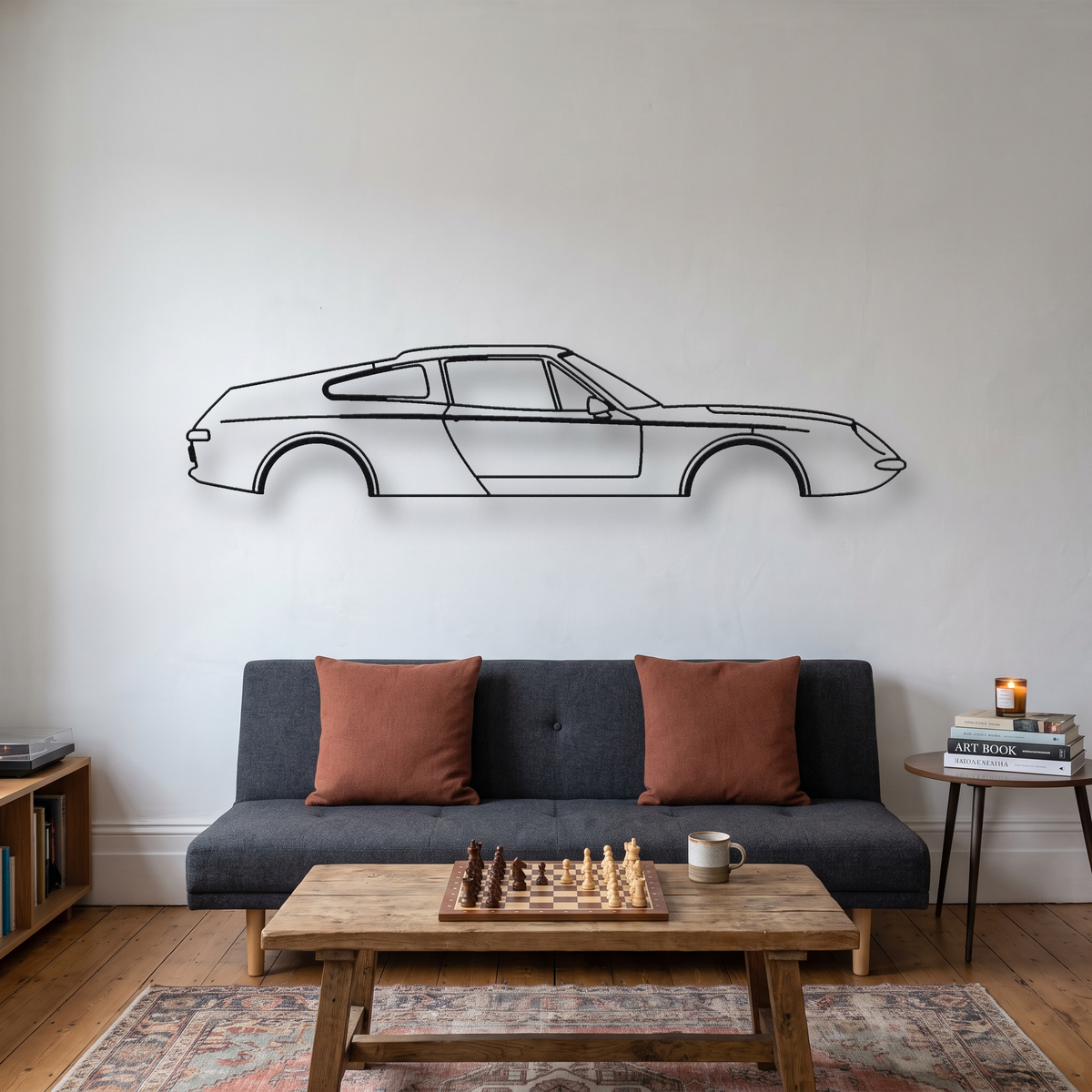 Lotus Europa S metal wall art silhouette, front view on wall