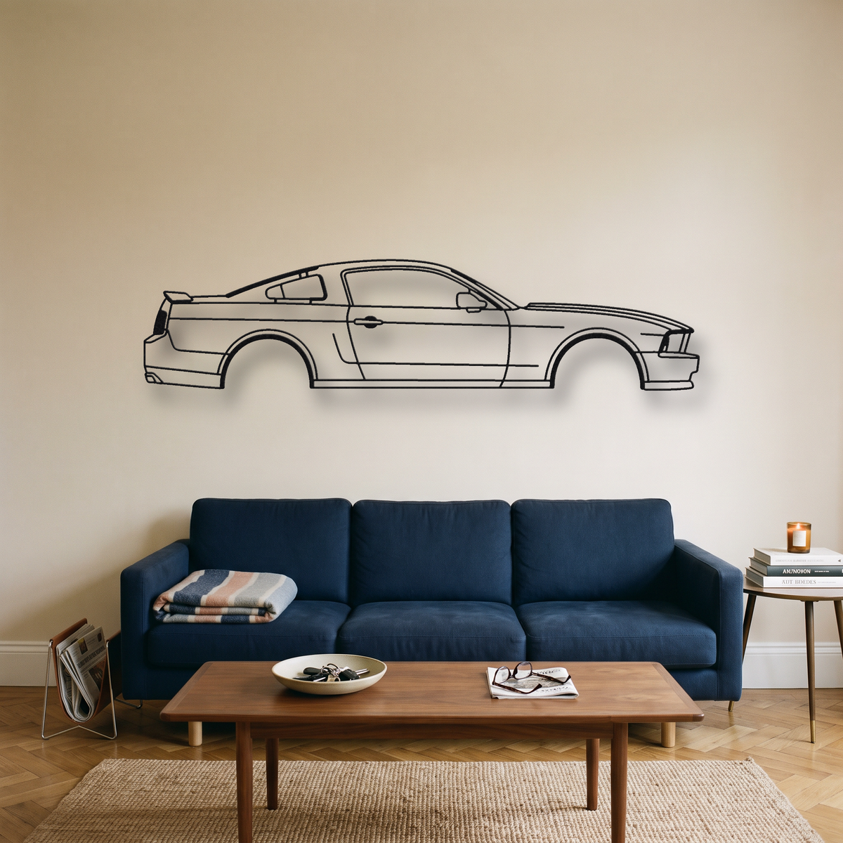 Ford Mustang GT S197 metal wall art silhouette, front view on wall
