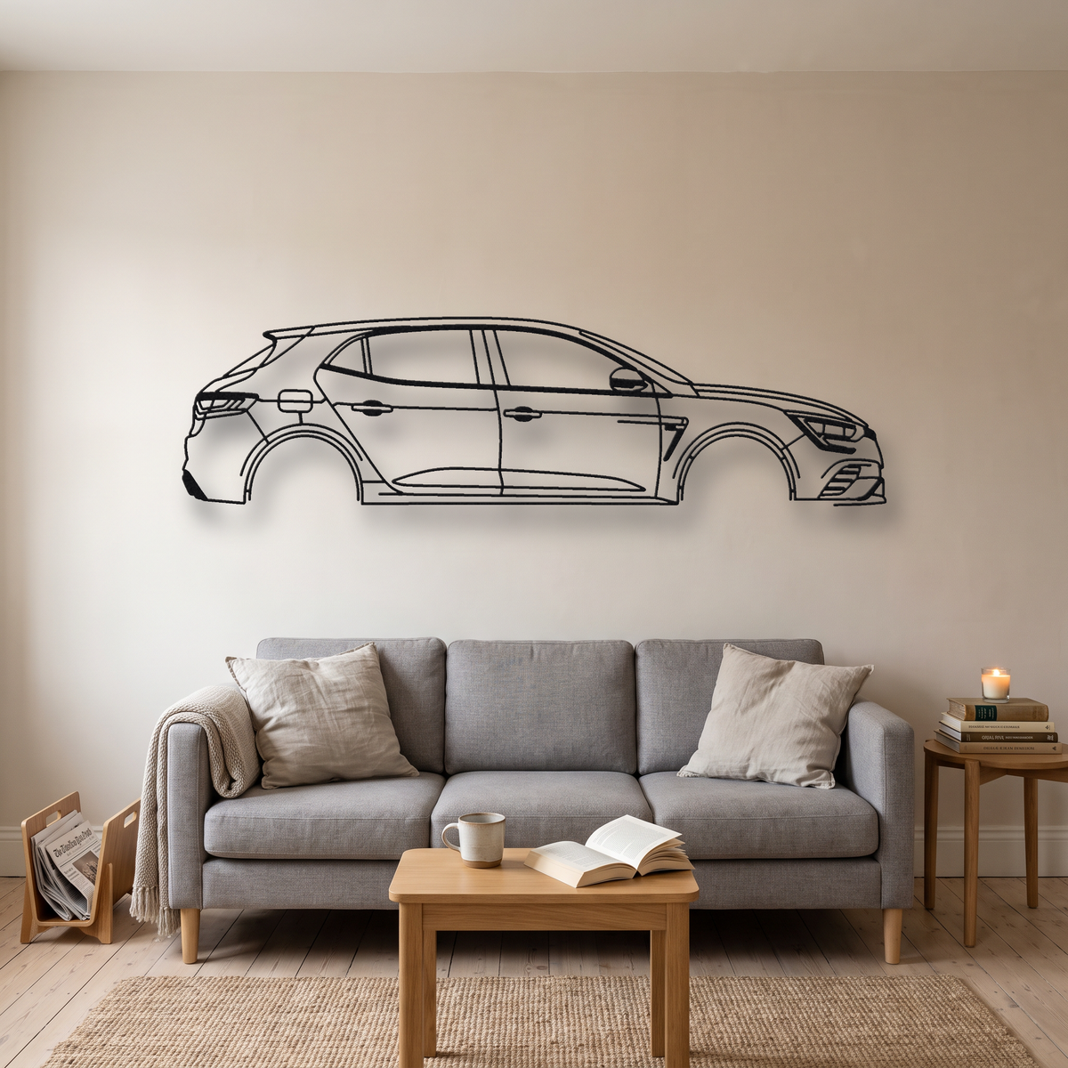 Renault Mégane RS MK4 metal wall art silhouette, front view on wall