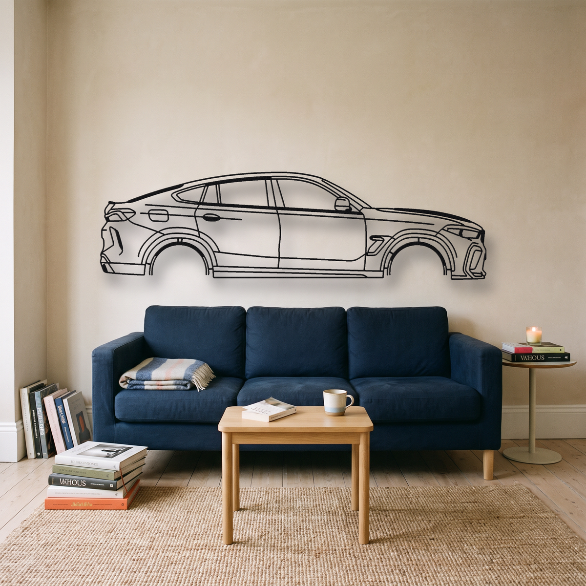 BMW X6M F96 metal wall art silhouette, front view on wall