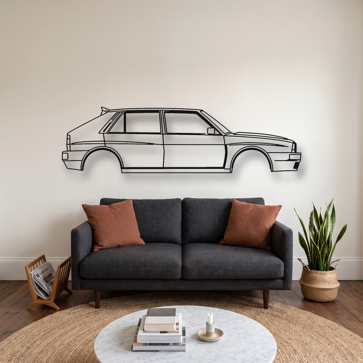 Lancia Delta HF Integrale Evoluzione II metal wall art silhouette, front view on wall