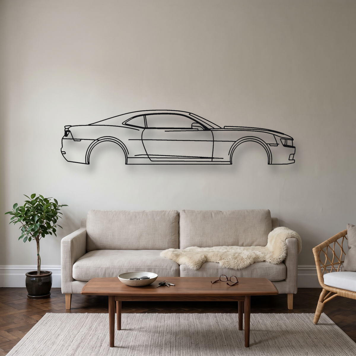 Chevrolet Camaro SS Gen 5 metal wall art silhouette, front view on wall