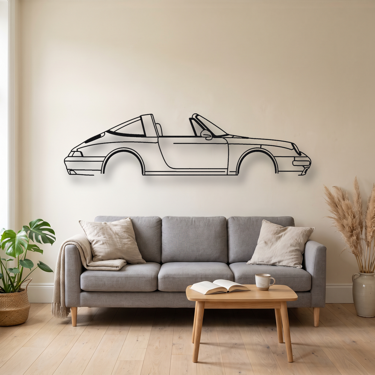 Porsche 911 Targa 993 metal wall art silhouette, front view on wall