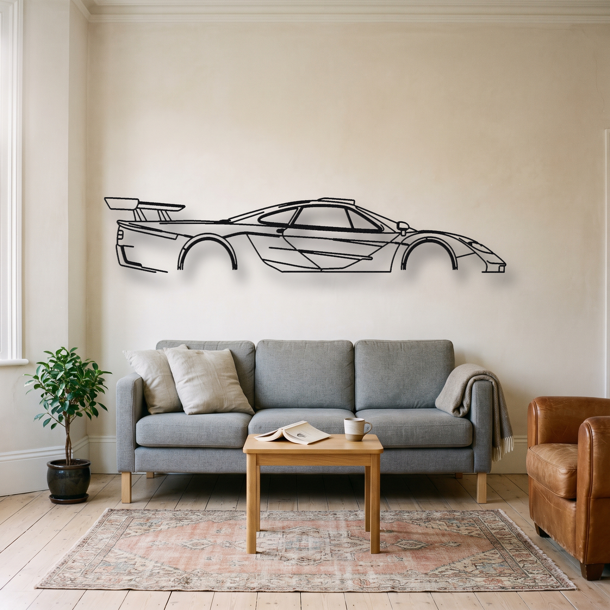 McLaren F1 GTR Longtail metal wall art silhouette, front view on wall
