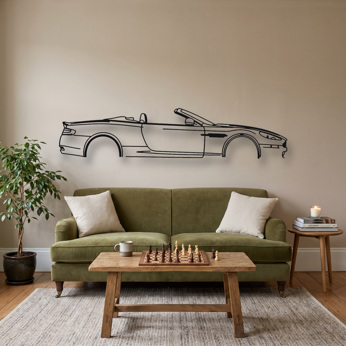 2007-2012 Aston Martin DBS Volante metal wall art silhouette, front view on wall