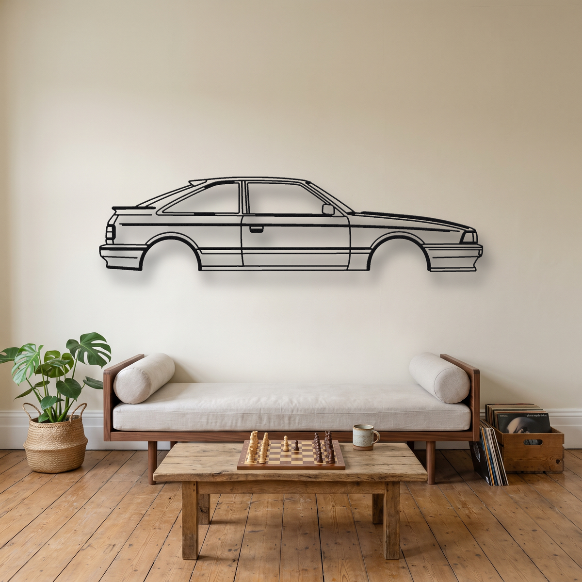Mazda 323 GTX / Familia GT-X metal wall art silhouette, front view on wall