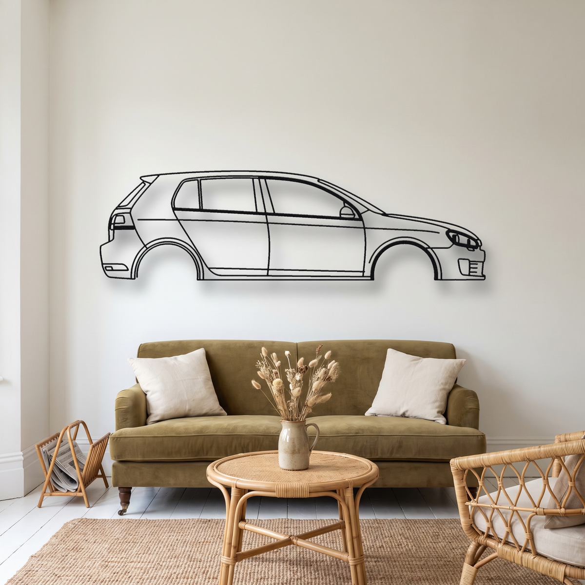 Volkswagen Golf GTI MK5 metal wall art silhouette, front view on wall