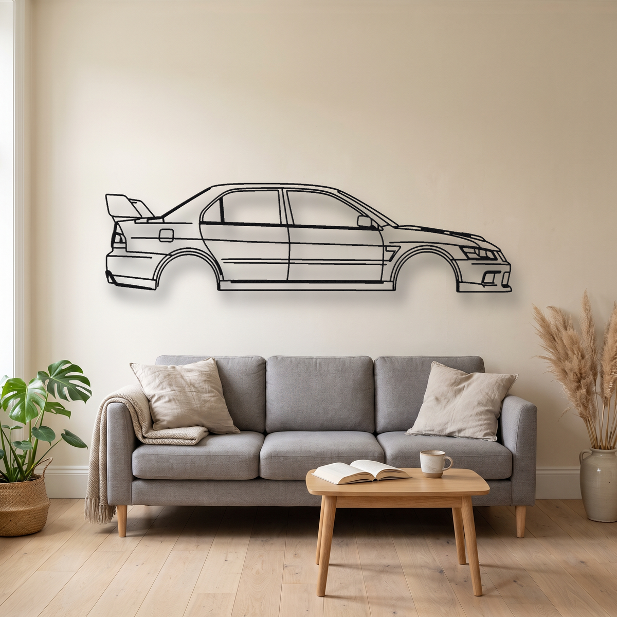 Mitsubishi Lancer Evolution IX CT9A metal wall art silhouette, front view on wall