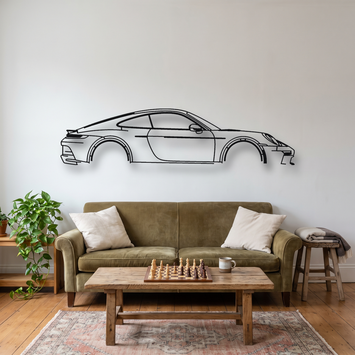 Porsche 911 GT3 Touring 992.1 metal wall art silhouette, front view on wall