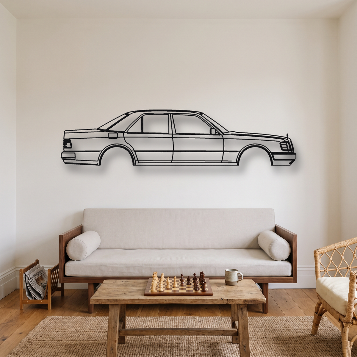 Mercedes-Benz 500E / E500 W124 metal wall art silhouette, front view on wall