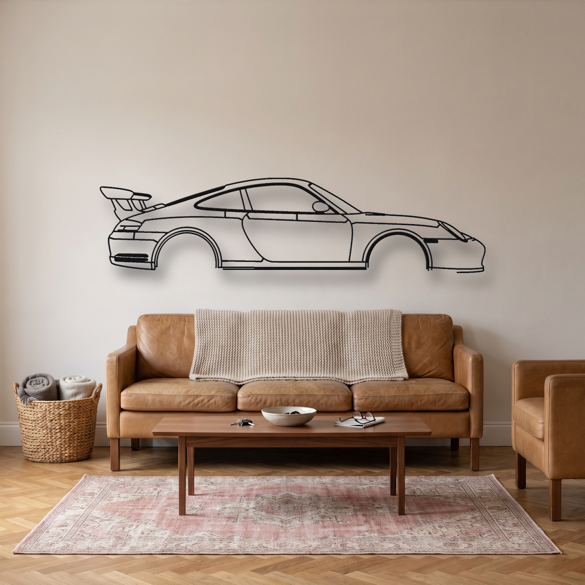 Porsche 911 GT3 RS 996 metal wall art silhouette, front view on wall