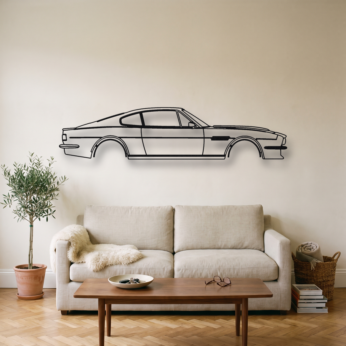 1977-1989 Aston Martin V8 Vantage metal wall art silhouette, front view on wall