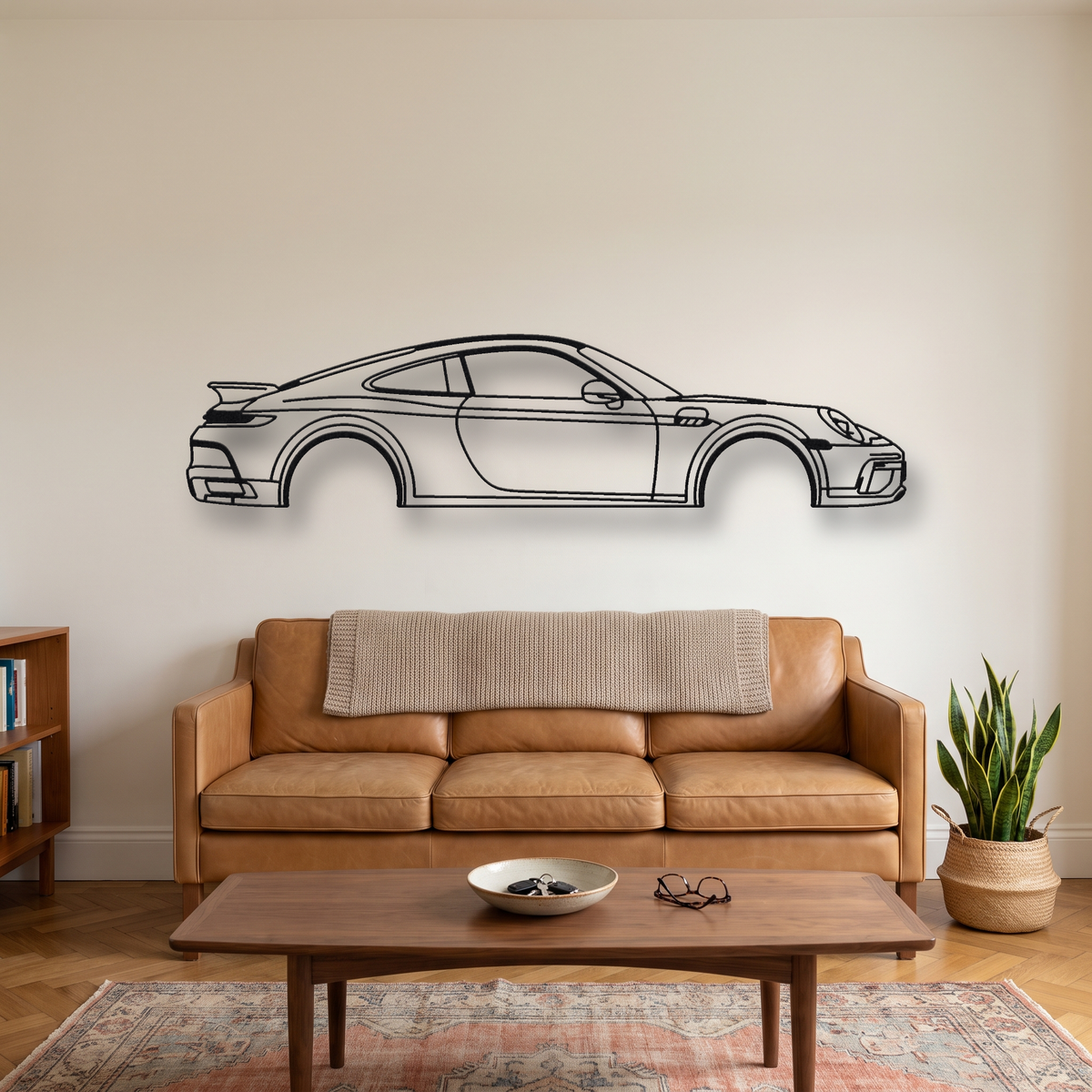 Porsche 911 Dakar 992 metal wall art silhouette, front view on wall