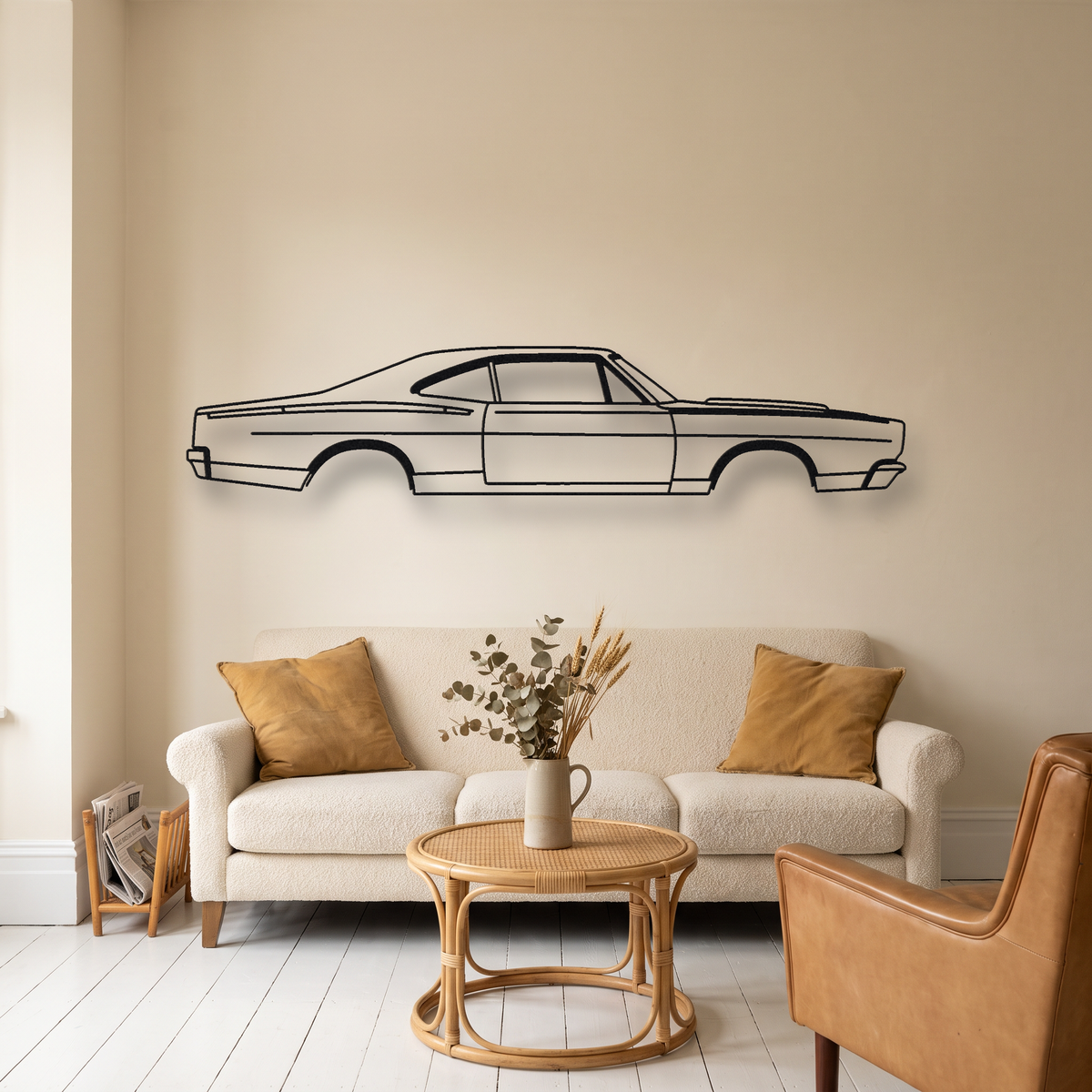 1968-1971 Dodge Super Bee metal wall art silhouette, front view on wall
