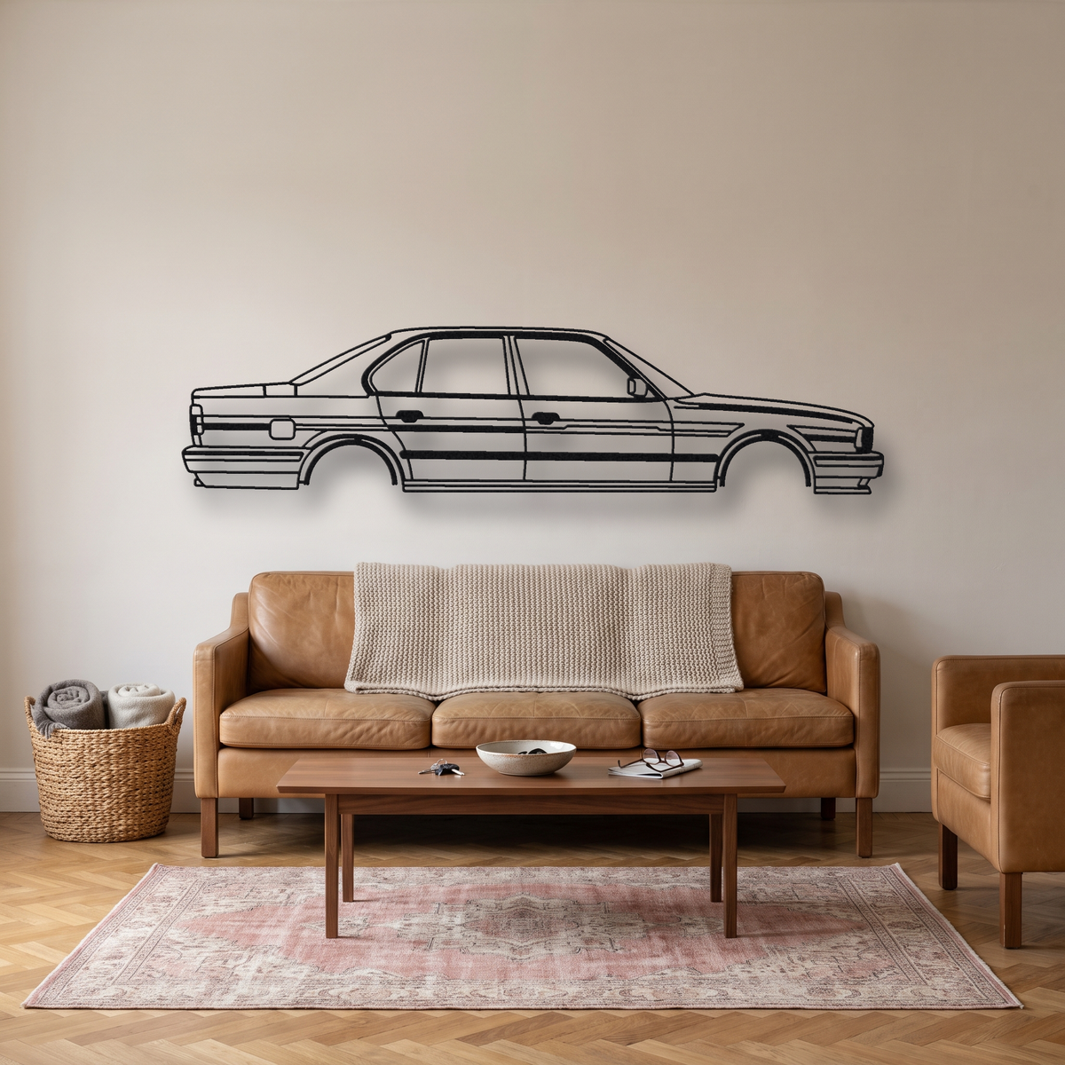 Alpina B10 Bi-Turbo E34 metal wall art silhouette, front view on wall