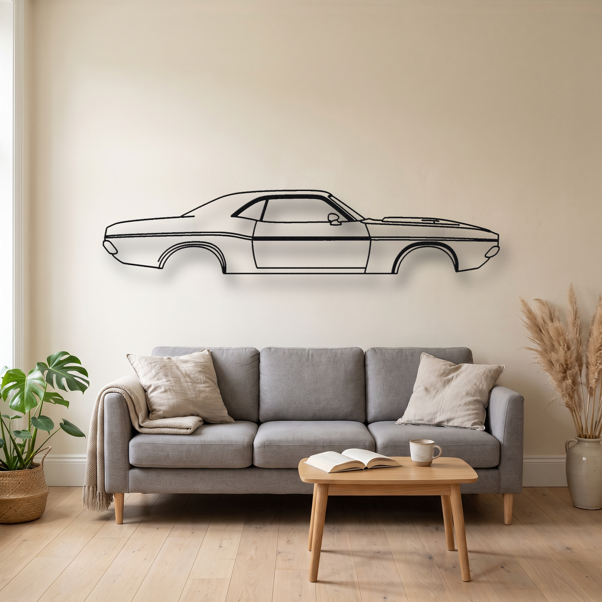 1970 Dodge Challenger R/T metal wall art silhouette, front view on wall