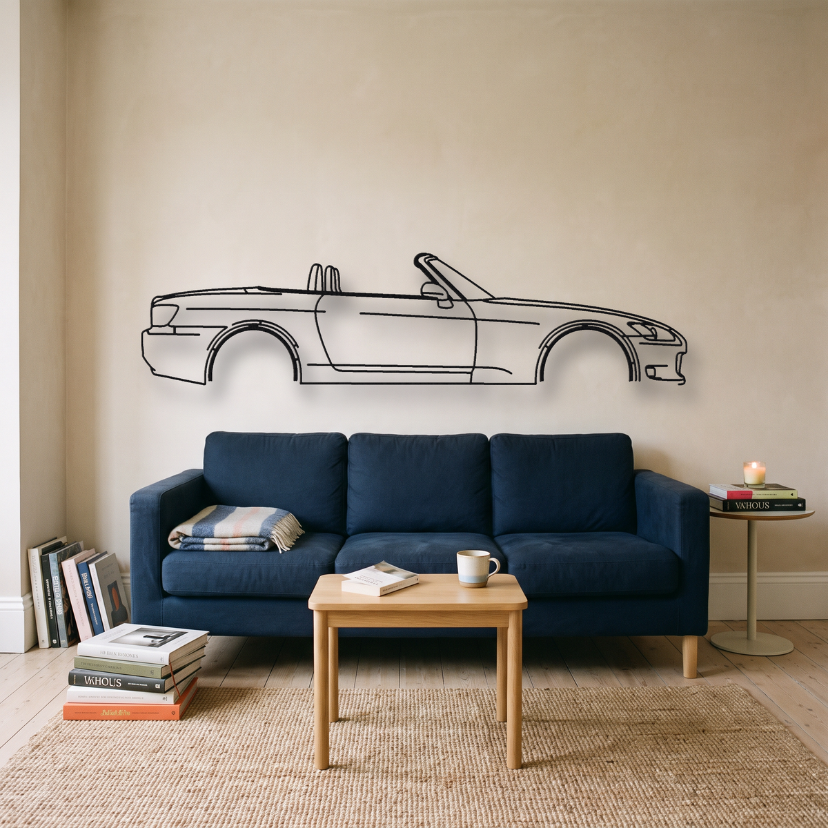 Honda S2000 AP2 metal wall art silhouette, front view on wall