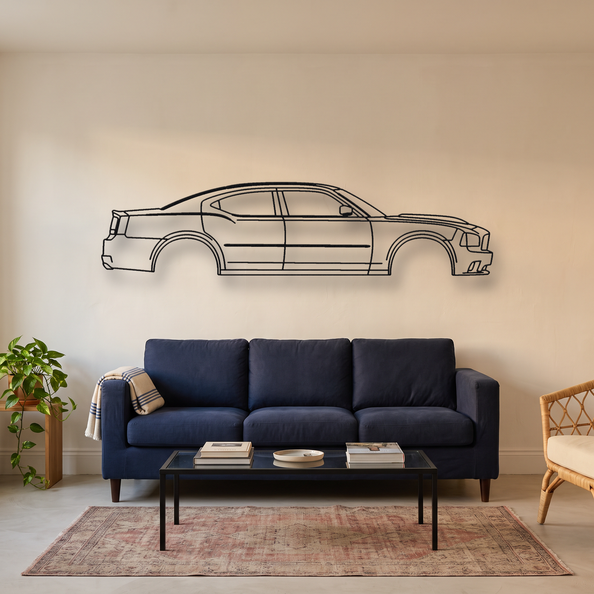 Dodge Charger SRT8 LX metal wall art silhouette, front view on wall