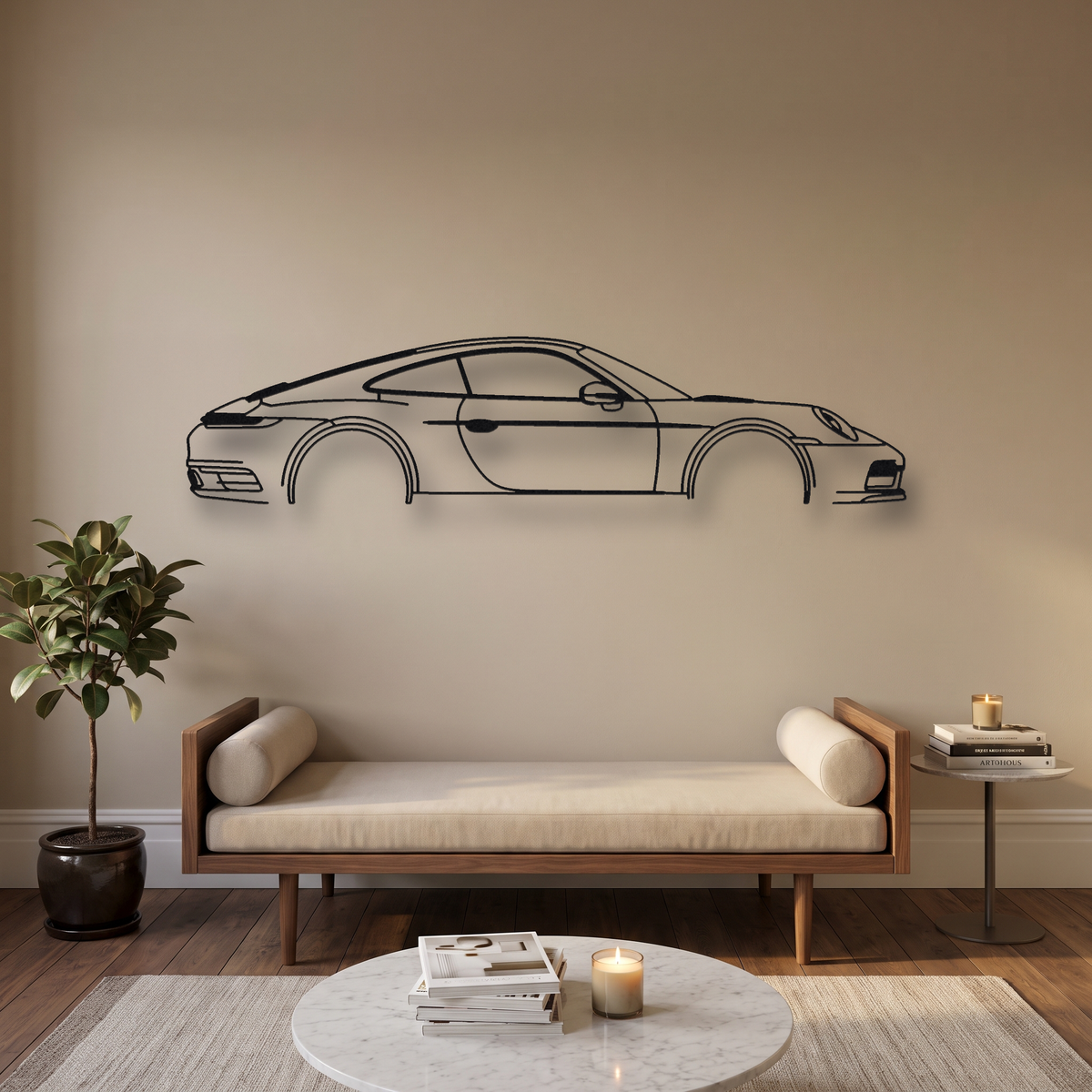 Porsche 911 992 metal wall art silhouette, front view on wall