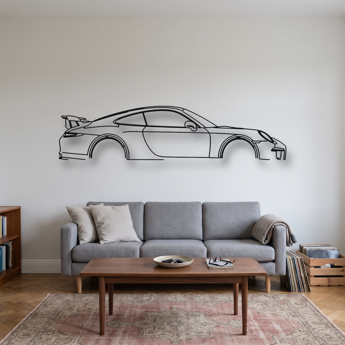 Porsche 911 GT3 991.1 metal wall art silhouette, front view on wall