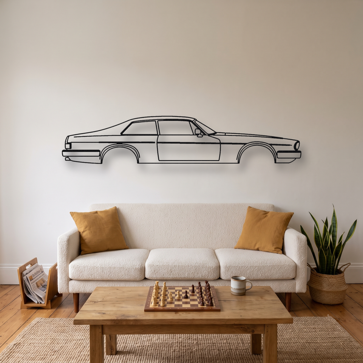 Jaguar XJ-S Pre-HE metal wall art silhouette, front view on wall