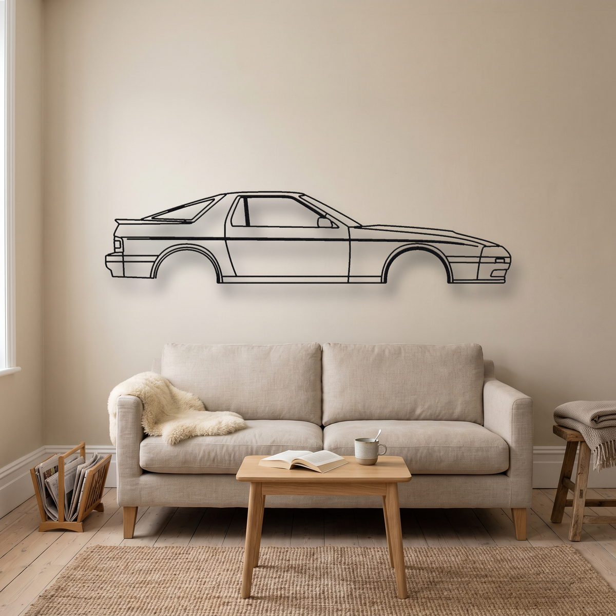 Mazda RX-7 FC metal wall art silhouette, front view on wall