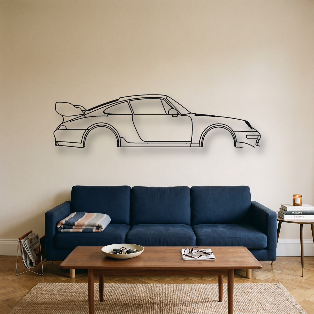 Porsche 911 GT2 993 metal wall art silhouette, front view on wall