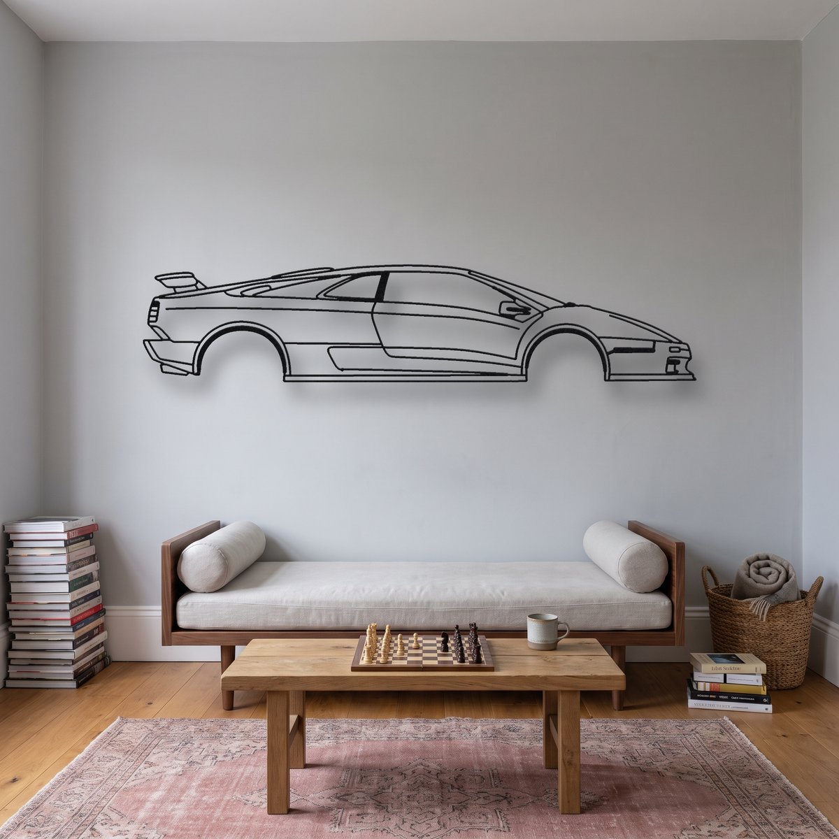 Lamborghini Diablo GT metal wall art silhouette, front view on wall