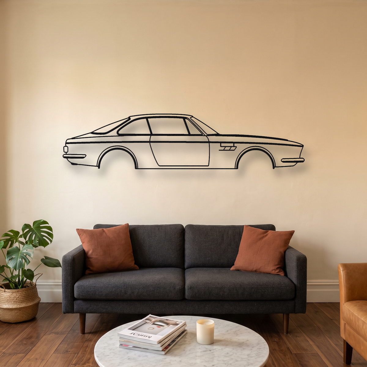 Lamborghini Islero metal wall art silhouette, front view on wall