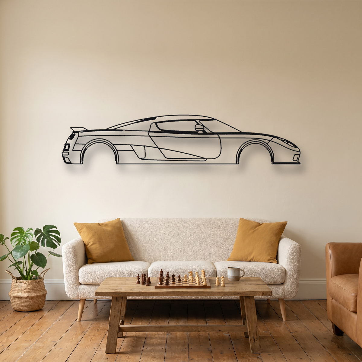 Koenigsegg CCR metal wall art silhouette, front view on wall