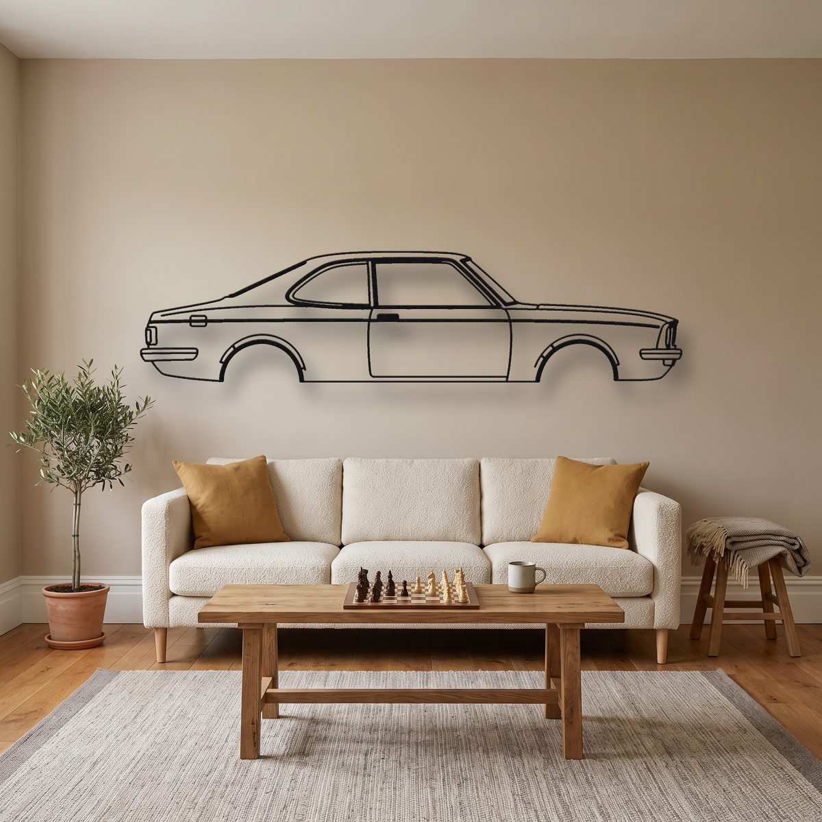 Toyota Corolla Levin / SR5 TE27 metal wall art silhouette, front view on wall