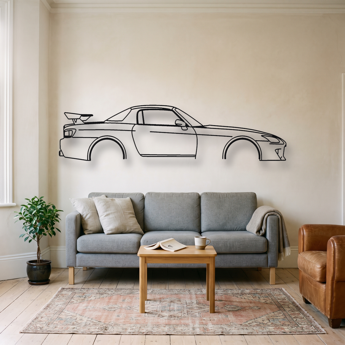 Honda S2000 CR metal wall art silhouette, front view on wall