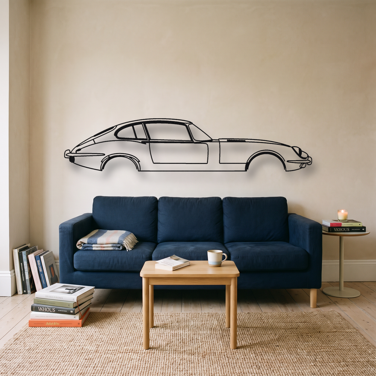 Jaguar E-Type Series 3 2+2 metal wall art silhouette, front view on wall
