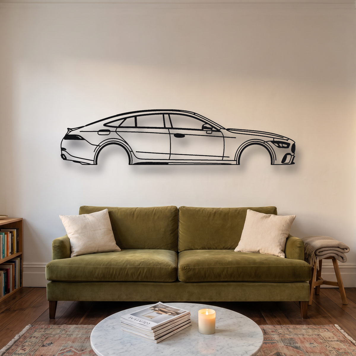 Mercedes-AMG GT 63 S 4-Door X290 metal wall art silhouette, front view on wall