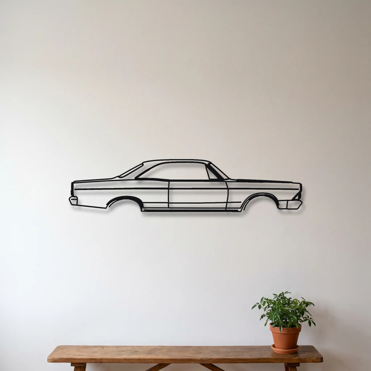 1966 Ford Fairlane metal wall art silhouette, front view on wall