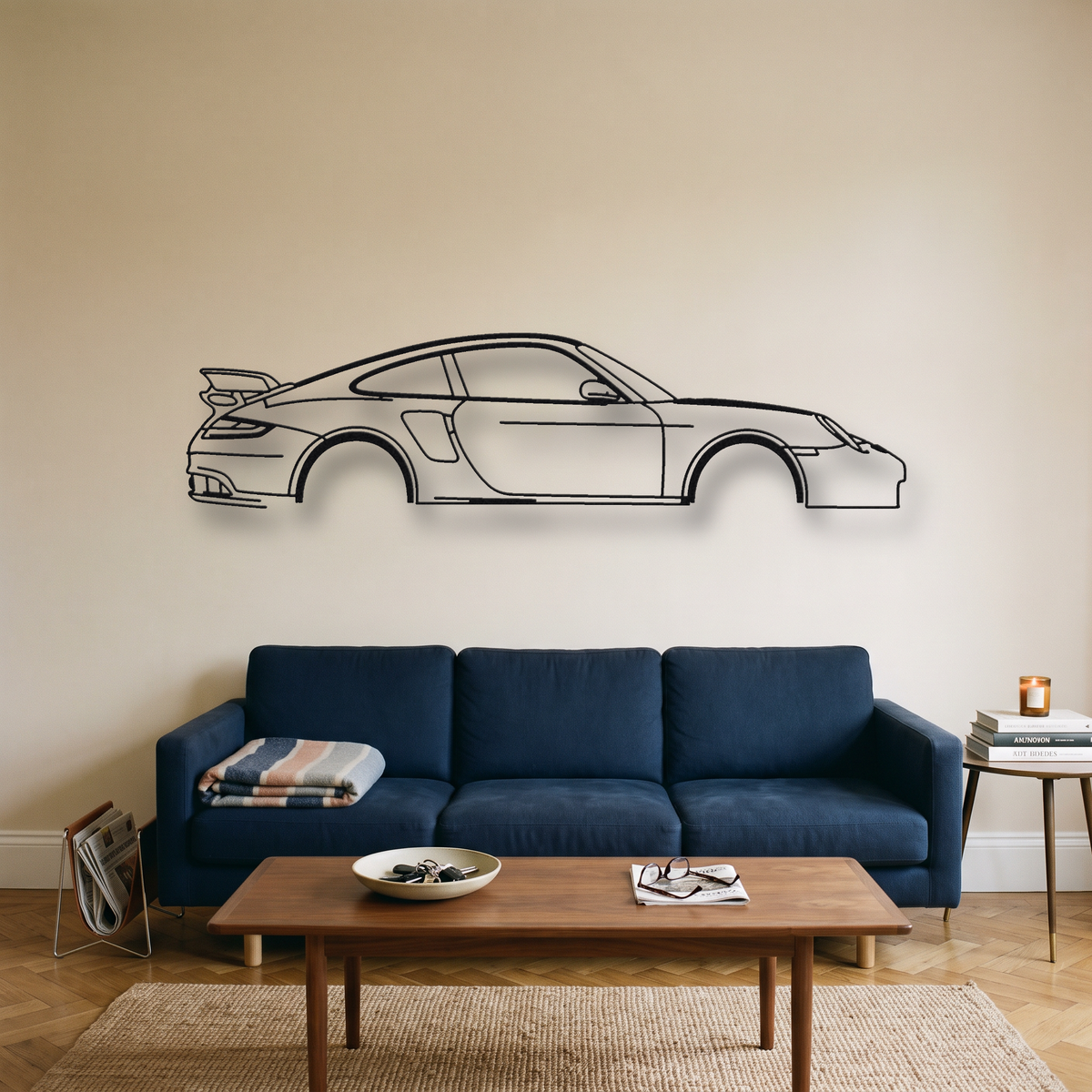 Porsche 911 GT2 997 metal wall art silhouette, front view on wall