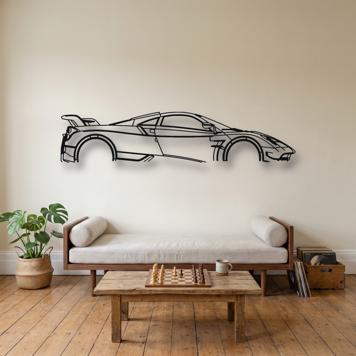 Pagani Huayra BC metal wall art silhouette, front view on wall