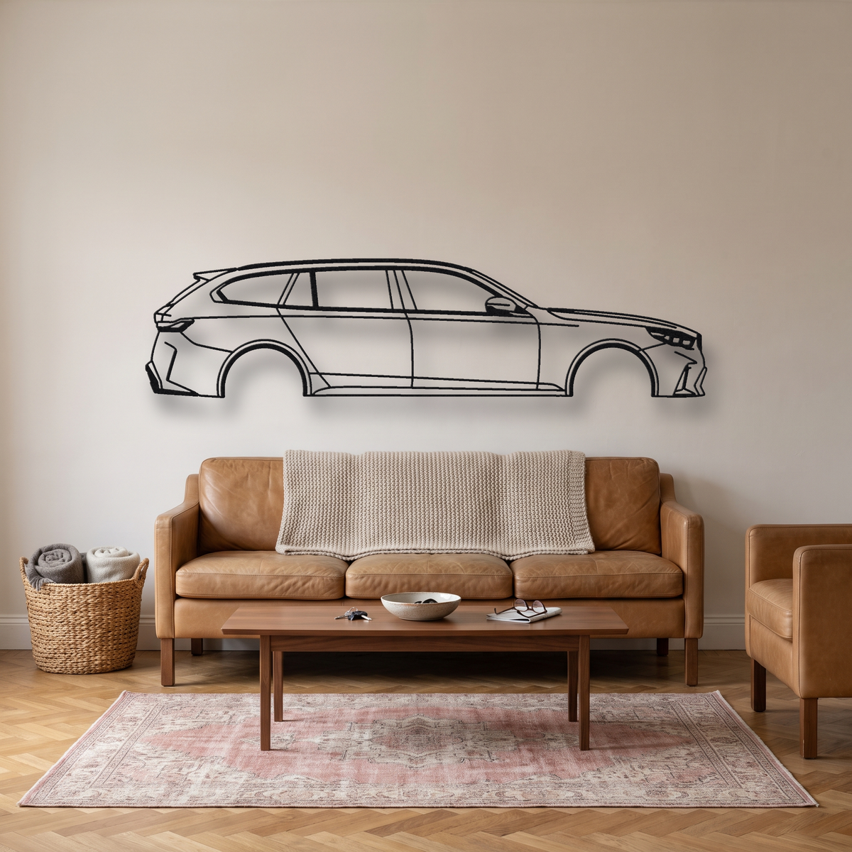 BMW M5 Touring G99 metal wall art silhouette, front view on wall