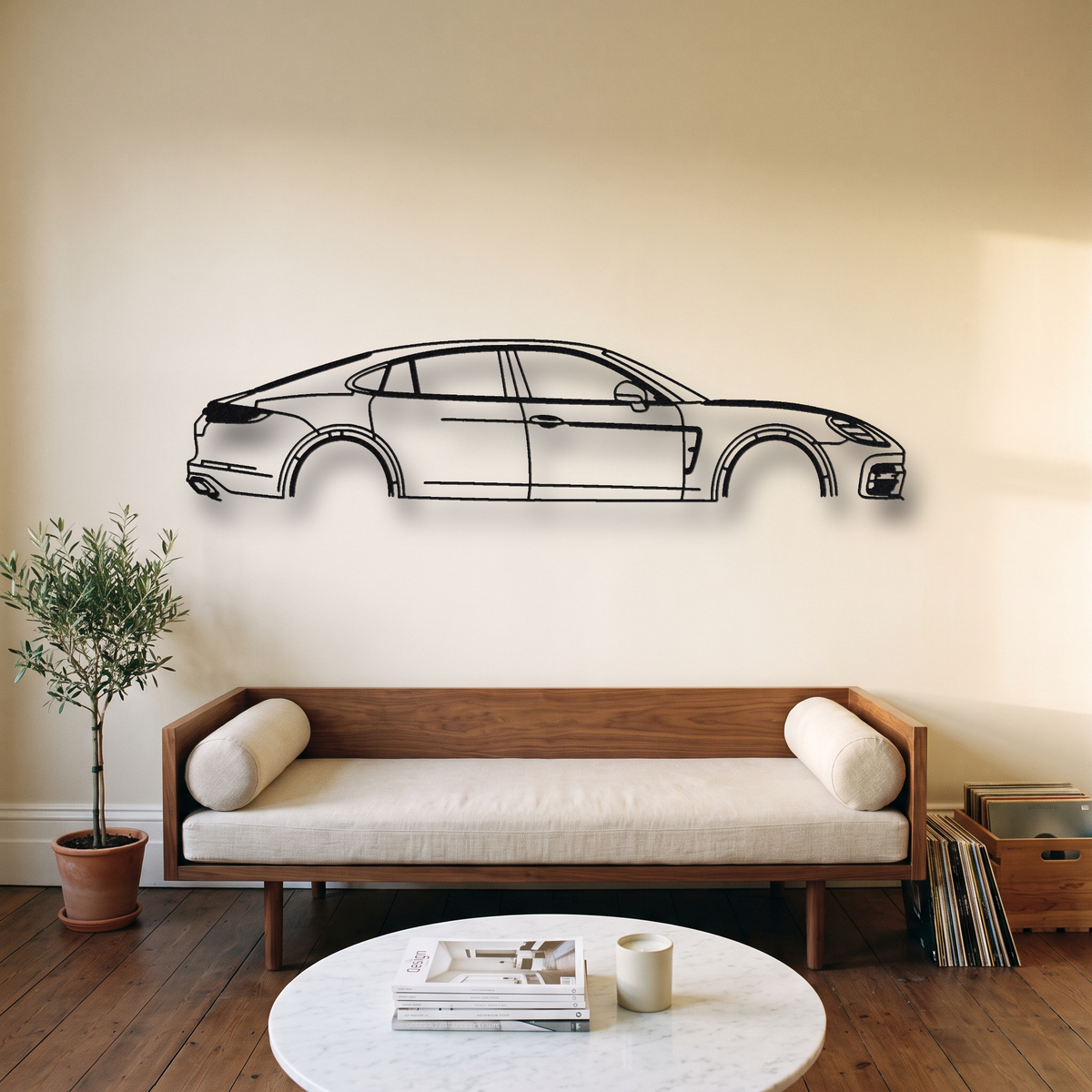 Porsche Panamera Turbo S 976 metal wall art silhouette, front view on wall