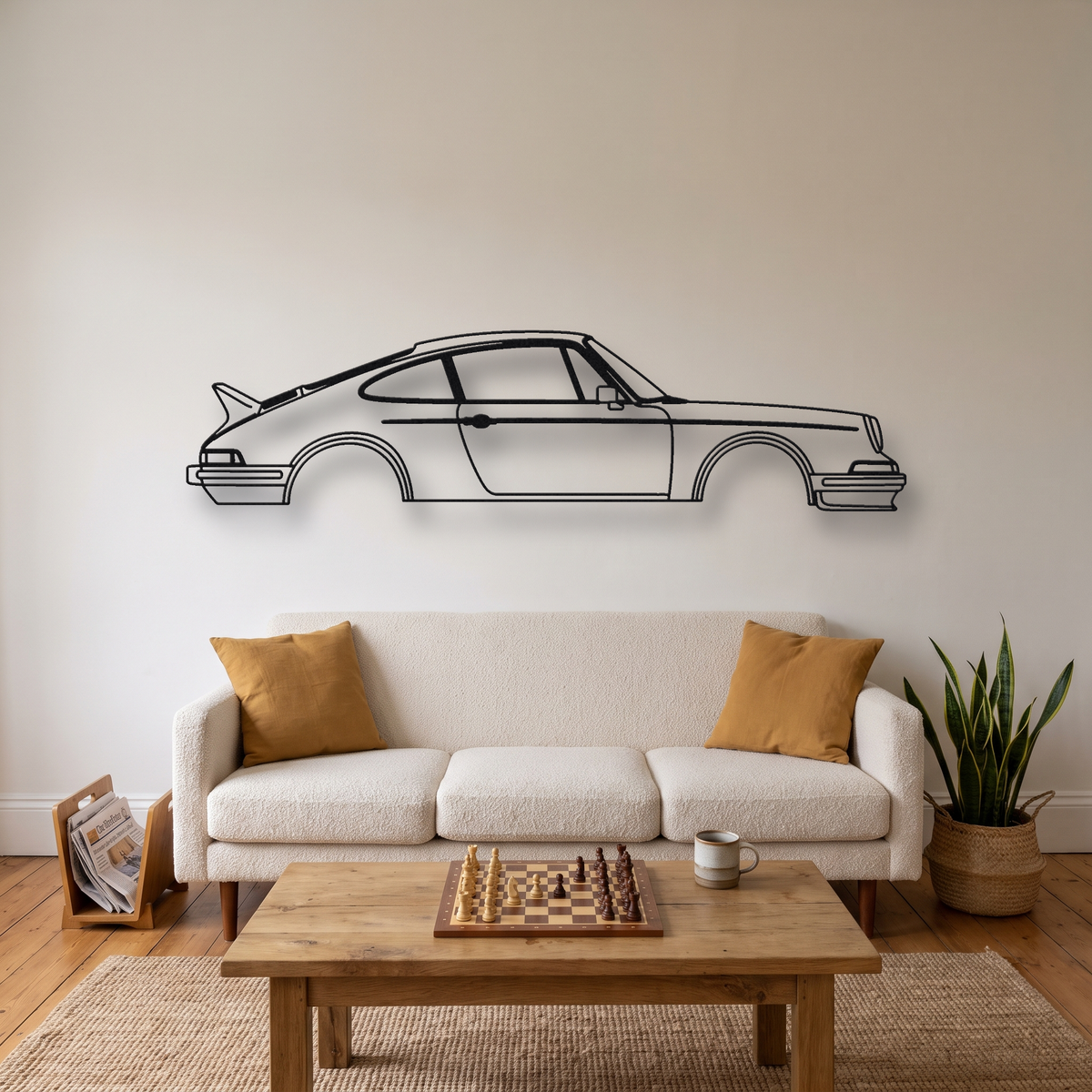 Porsche 911 Carrera RS 2.7 metal wall art silhouette, front view on wall