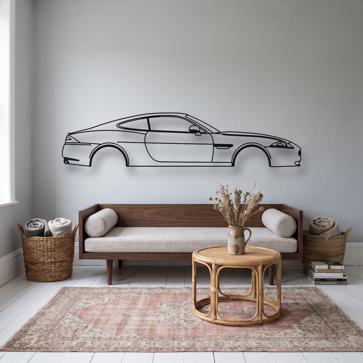 Jaguar XKR X150 metal wall art silhouette, front view on wall