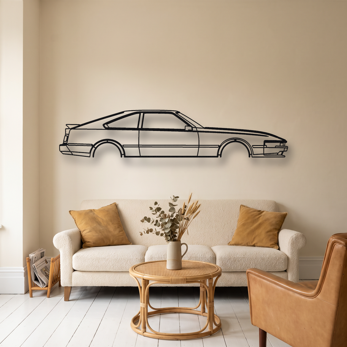 Toyota Celica Supra A60 metal wall art silhouette, front view on wall
