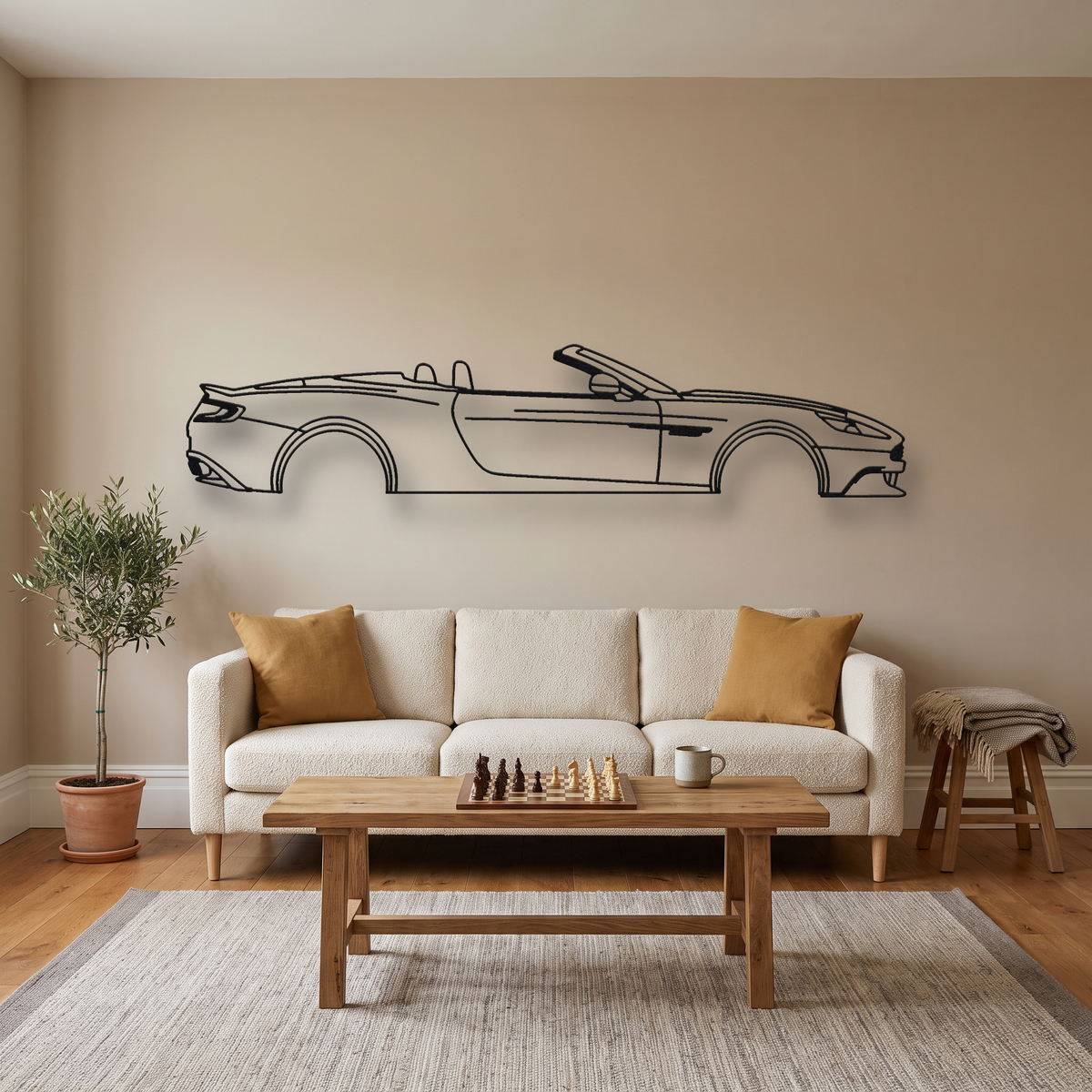 Aston Martin Vanquish Volante metal wall art silhouette, front view on wall
