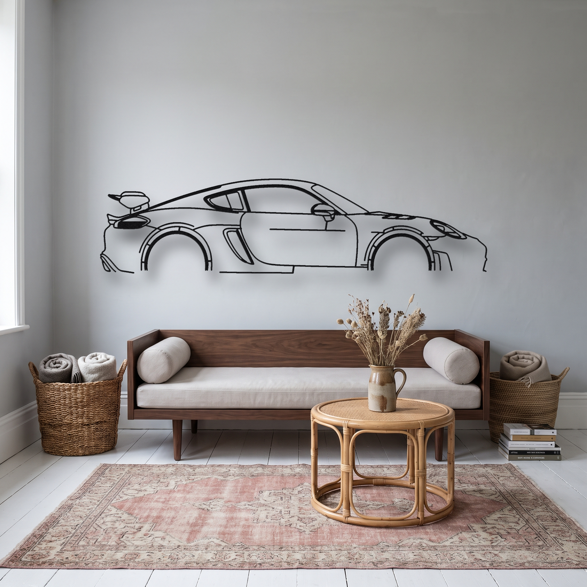 Porsche 718 Cayman GT4 RS 982 metal wall art silhouette, front view on wall