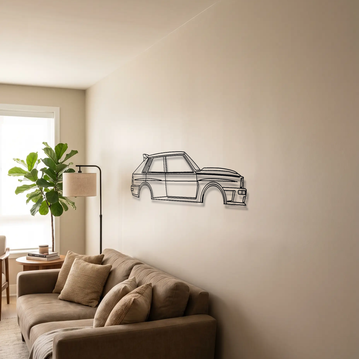 Automobili Amos Lancia Delta Futurista metal wall art above a sofa in a living room