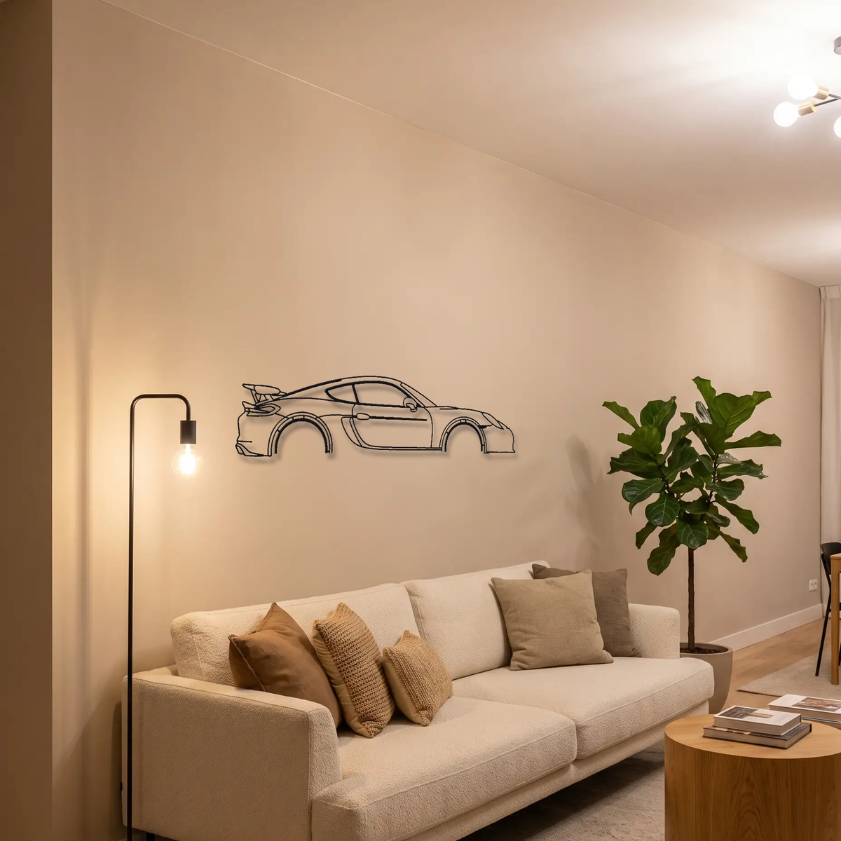 Porsche Cayman GT4 981 metal wall art above a sofa in a living room